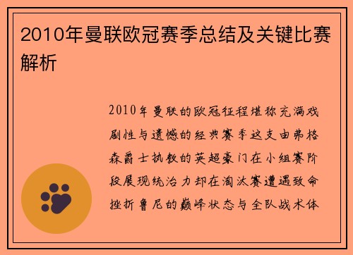 2010年曼联欧冠赛季总结及关键比赛解析